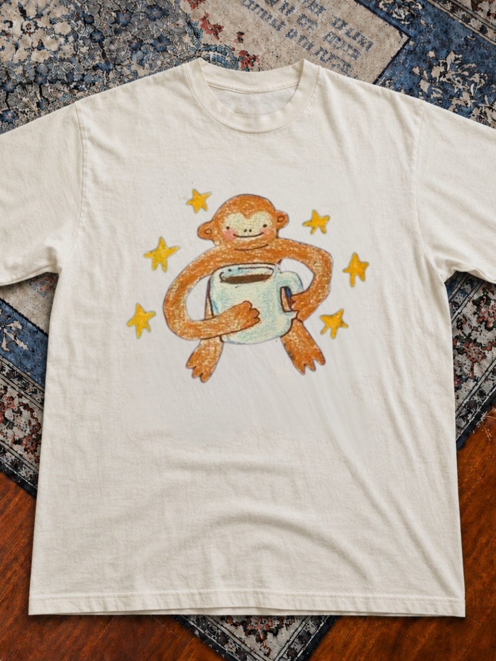 Gildan Cream Tee with Orange Monkey Holding Mug | Paul Shirt